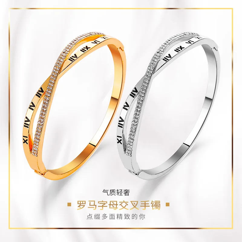 Cross Rose Gold Golden Silver Plated Geometry Double Row Rhinestone Starry Bling Roman Numerals Round Alloy Bangles for Women