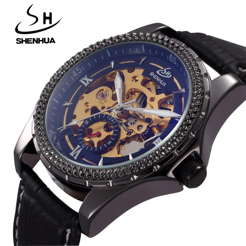 SHENHUA Mens Mechanical Watches Top Brand Luxury Automatic Machinery Watches For Men Gear Skeleton Mechanical Wristwatch Leather