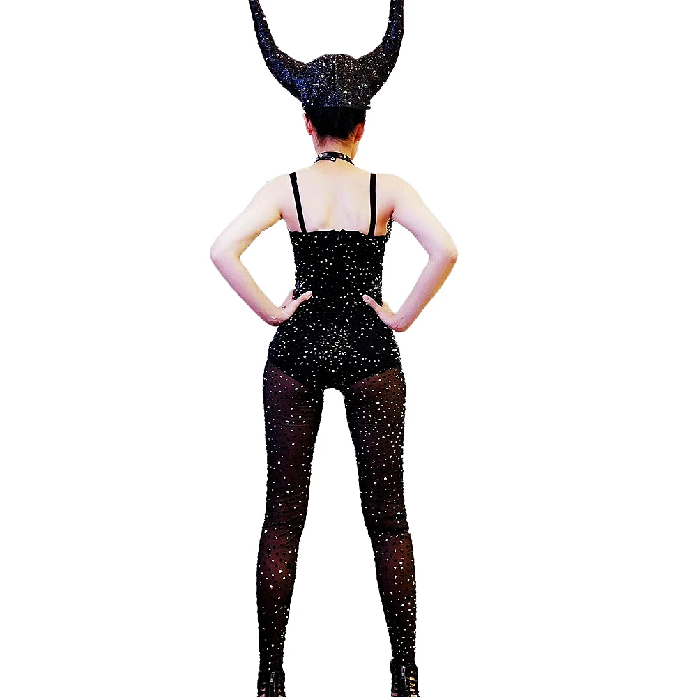 Horns Decoration Women Shining Diamonds Jumpsuits Elastic Black Mesh Perspective Bodysuits Nightclub Bar Prom Party Costume