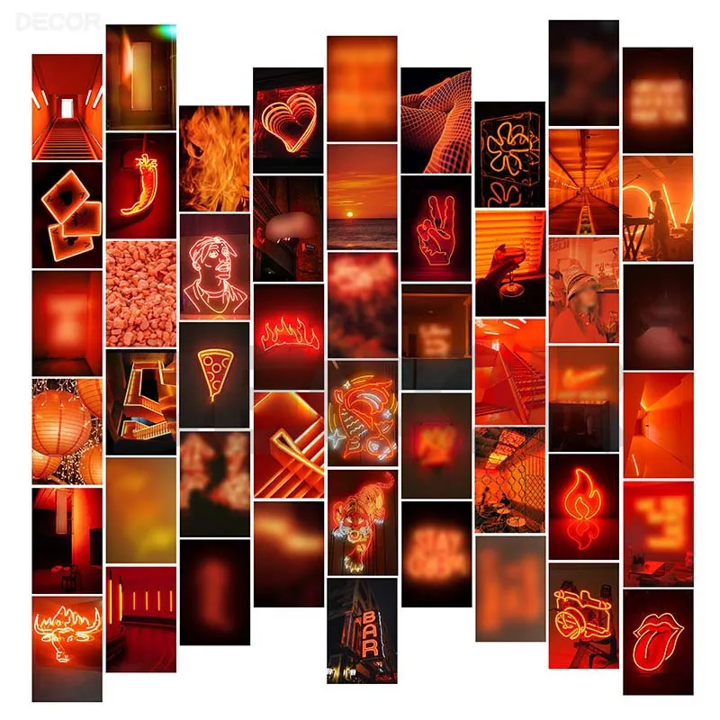 50Pcs Orange Neon Poster Aesthetic Wall Collage Kit Bright Colorful Fashion Party Dorm Living Bedroom Background Decor for Teens