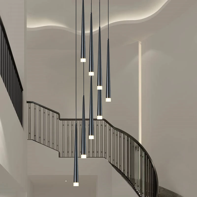 

Black Attic LED Pendant Lamp Long downlight Tube Chandelier Kitchen Restaurant Bar cone bedside Modern Staircase Hanging Lamp