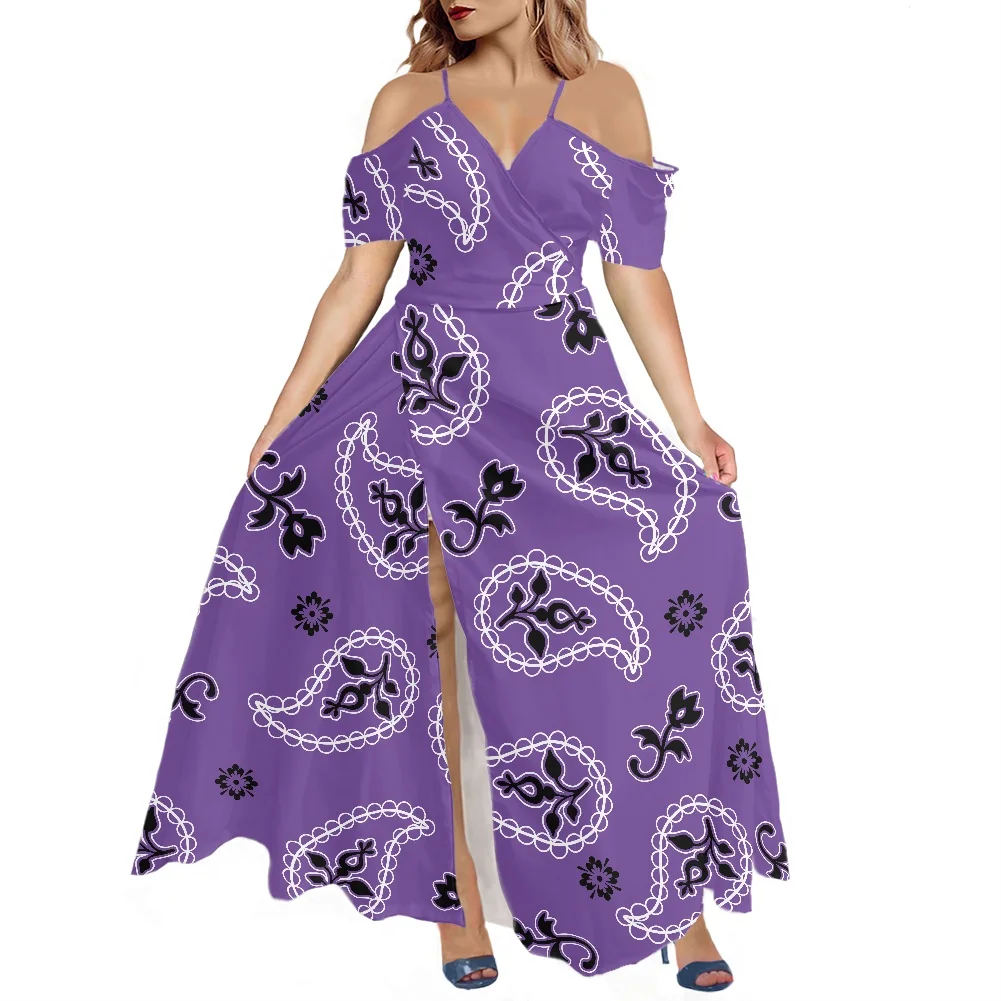 Red Off-The-Shoulder Front And Back Deep V Short-Sleeved Long Skirt Polynesian Tribe Bandana Printing Women Summer Party Dress