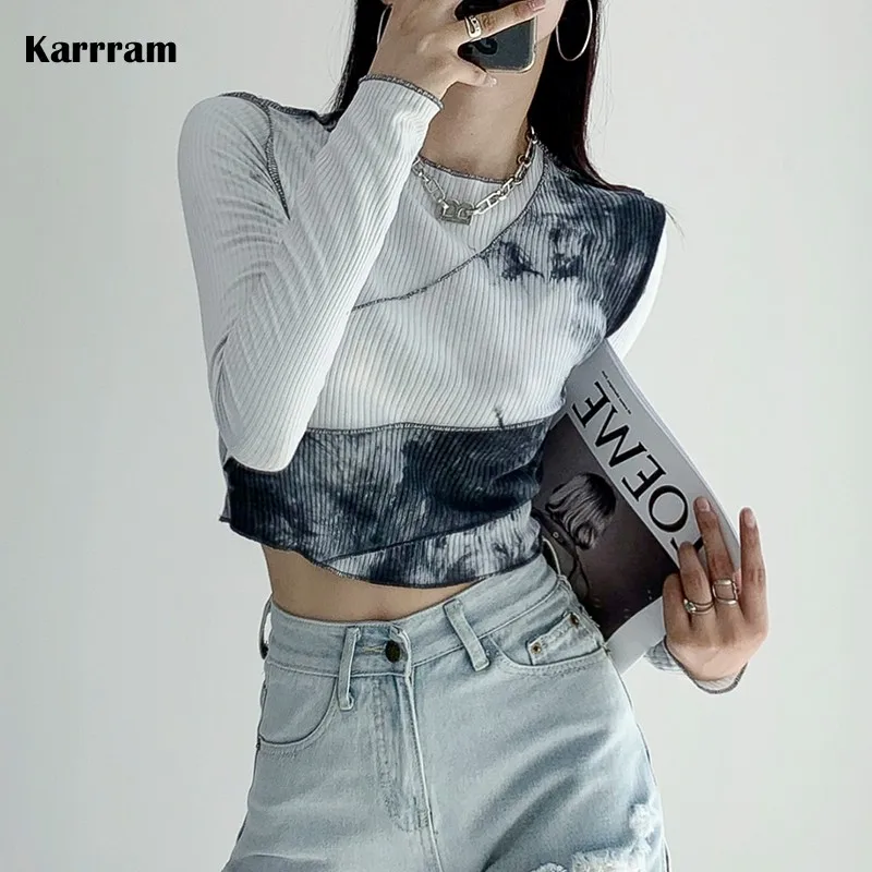 Karrram Sexy Slim Long Sleeve Crop Tops Women Tie-dyed Skinny T-shirt Spring Fashion Ribbed Tee Shirt Y2k Aesthetic Streetwear