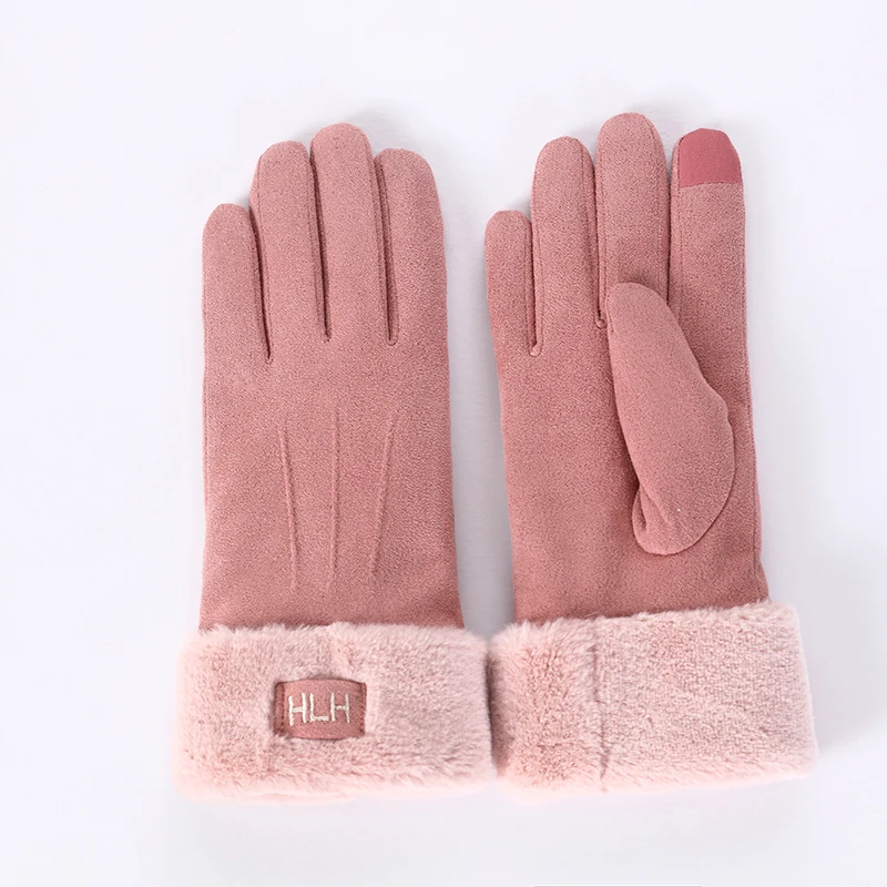 Winter Female Warm Suede Leather Letter Outdoor Sport Cycling Mitten Women Double Thick Plush Touch Screen Driving Glove 81B