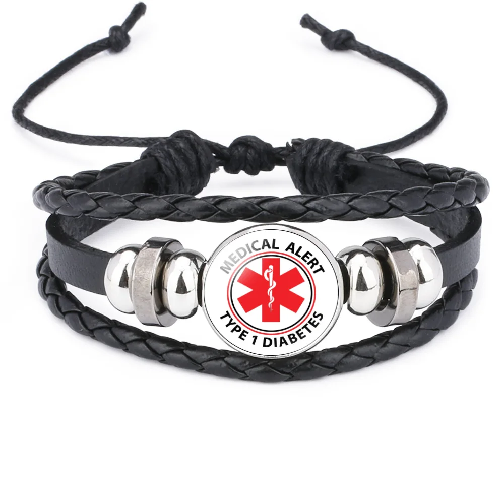 FIMAODZ Type 1 2 Diabetes Emergency Medical Alert Bracelet Diabetic Health Care Glass Gem Woven Bracelets Wristband Nurse Gift