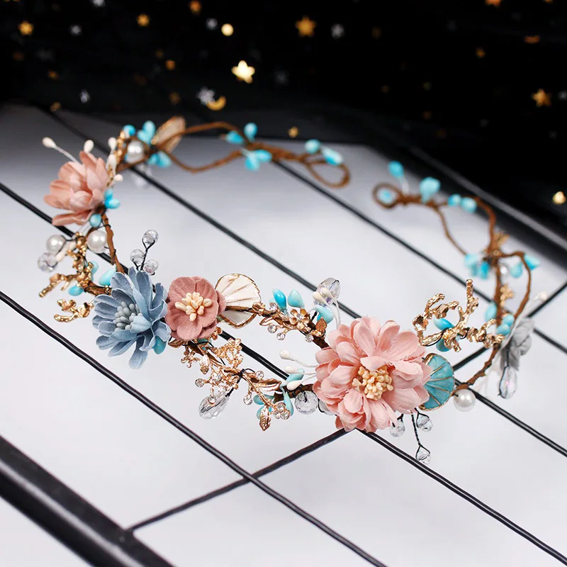 Luxury Blue Pink Flower Crystal Headbands Handmade Beads Baroque Flowers Garland Circular Hoop Crowns Bridal Wedding Accessories