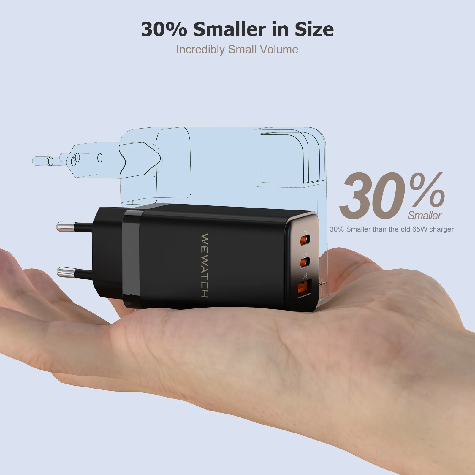 WEWATCH 65W GaN รวดเร็วชาร์จ2C1A พอร์ตประเภท C PD USB ชาร์จไฟแบบพกพา Travel Fast Charger สำหรับแล็ปท็อป Iphone