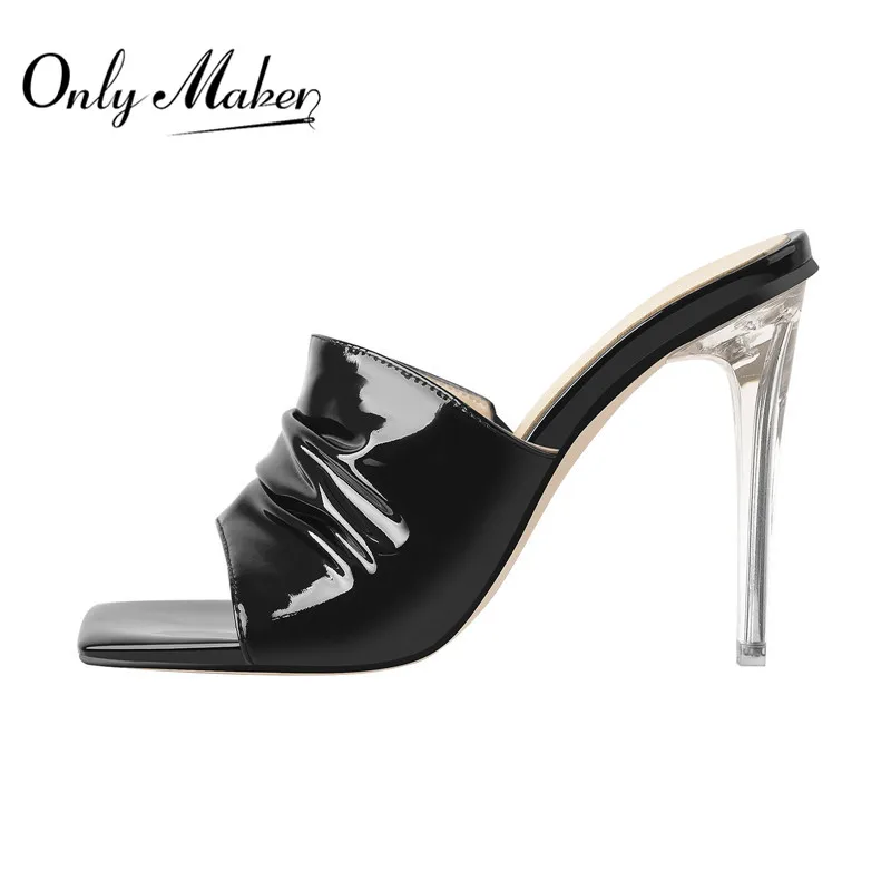 

Onlymaker Women's Square Toe Black Patent leather Mules Metal Thin High Heels Slip On Fashion Party Big Size Sandals