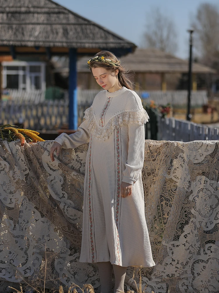 Spring Fall Winter Dress Women Victoria Vintage Elegant Lace Long Dress Embroidery Casual Loose Knitted Cotton Rice White Dress