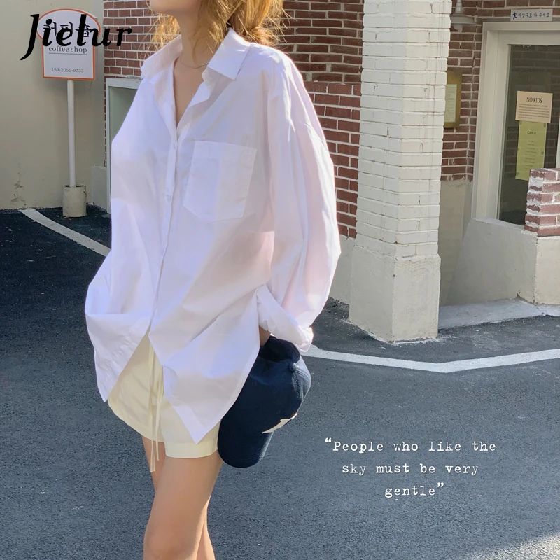 Jielur Korean Mid-length Harajuku Women Shirts Loose Blouse Female Street Casual Cool Boyfriend White Blue Shirt Pocket S-L