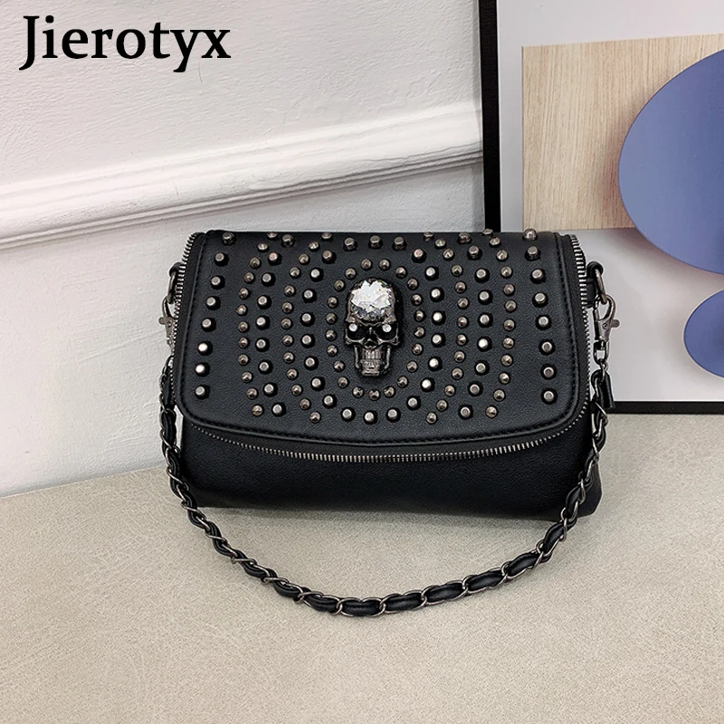 JIEROTYX nowy projekt damska torba na ramię Vintage Punk czaszka Tote czarne skórzane torby typu Crossbody moda nit Hot INS świetna jakość
