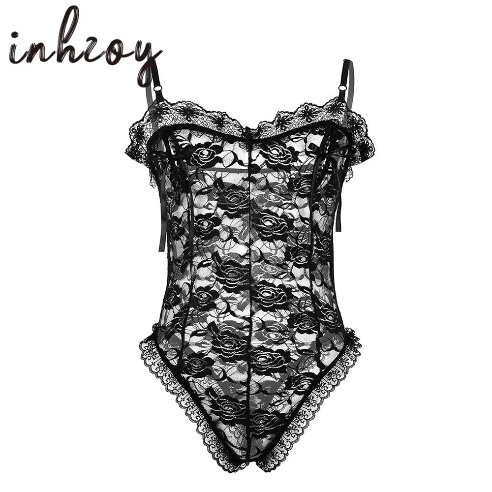 Body de encaje Floral para hombre, lencería transparente, medias eróticas, ropa de dormir Sexy, ropa interior Gay