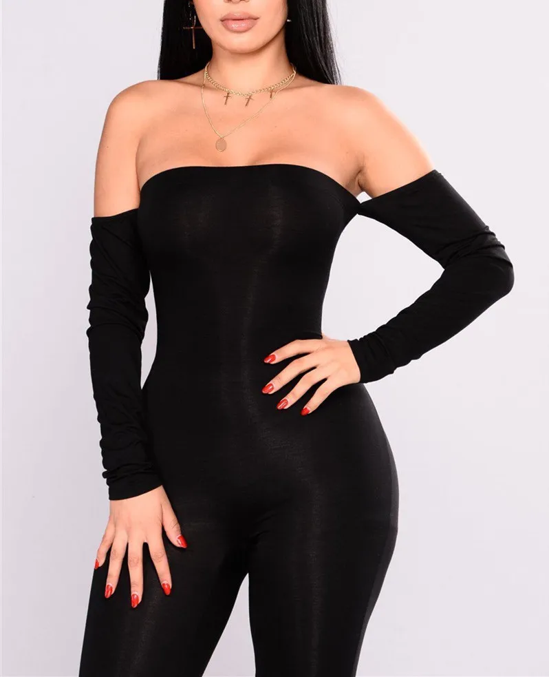 Vrouwen Jumpsuit Off Shoulder Clubwear Speelpakjes Dames Bodycon Party Jumpsuits Vrouwelijke Solid Slash Hals Rompertjes S-XL Zwart