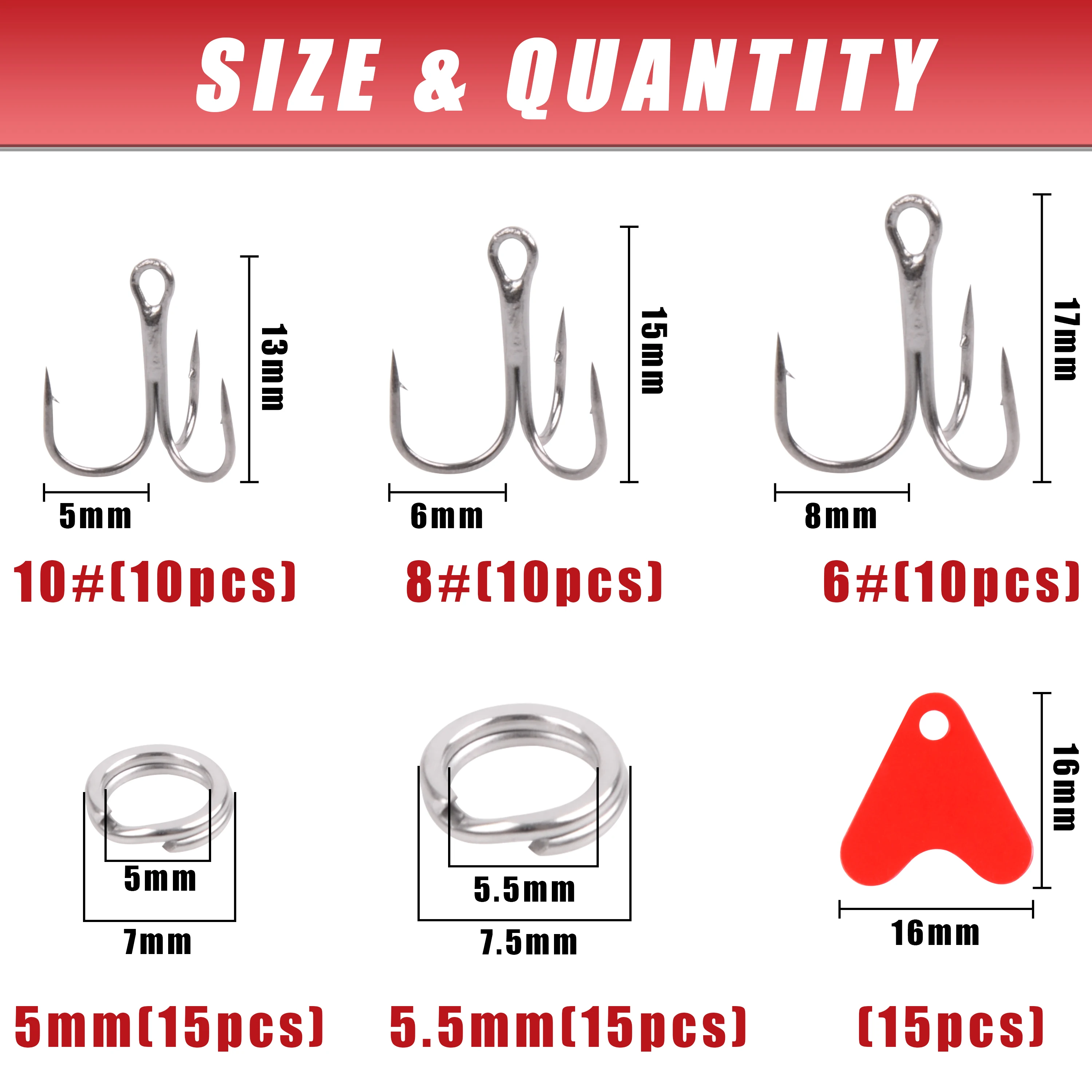 75pc/Box Round Bend High Carbon Steel Treble Hook Double Split Ring Heart Shaped Plastic Sheet Kit For Saltwater Fishing