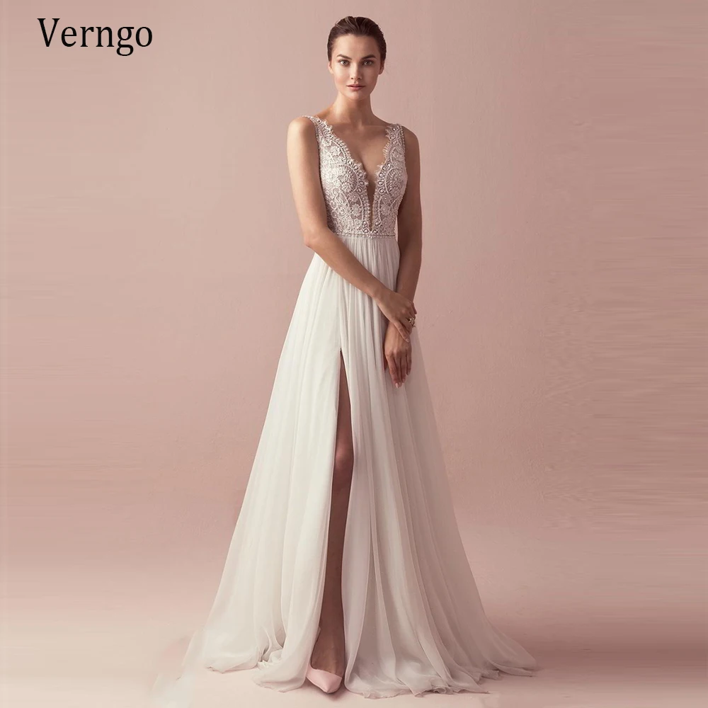 Verngo Boho Wedding Dress Lace A line Beach Wedding Gowns V-neck Elegant Bride Dress Side Slit Robe De Mariee