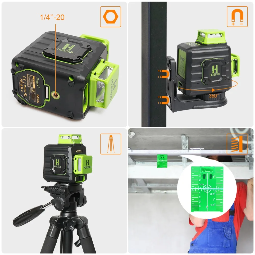 Huepar 2X360 Baterai Li-ion Sinar Hijau Level Laser Perata Mandiri Garis Silang dengan Port Pengisi Daya Tipe C & Casing Keras