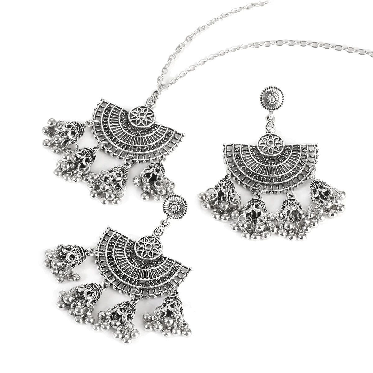 Ethnic Silver Color Indian Earring/Necklace Set For Women Bijoux Wedding Jewelry Set Hangers Bohemia Jhumka Earrings