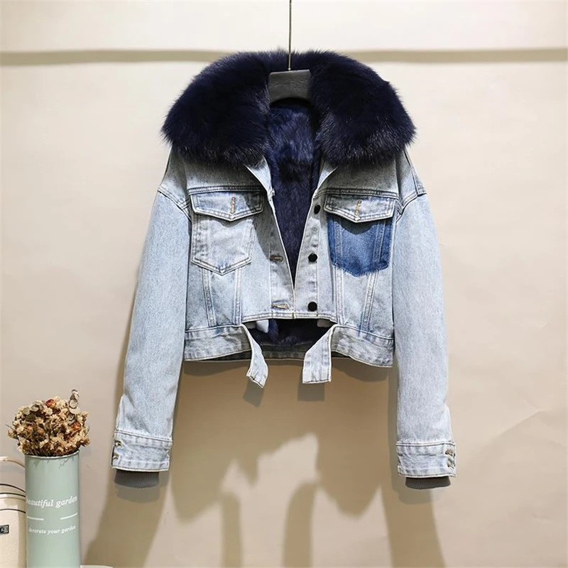 Fashion Denim Overalls Parkas Women Winter Real Fox Fur Collar Rabbit Fur Liner Warm Loose Short Washed Distressed Jacket Female