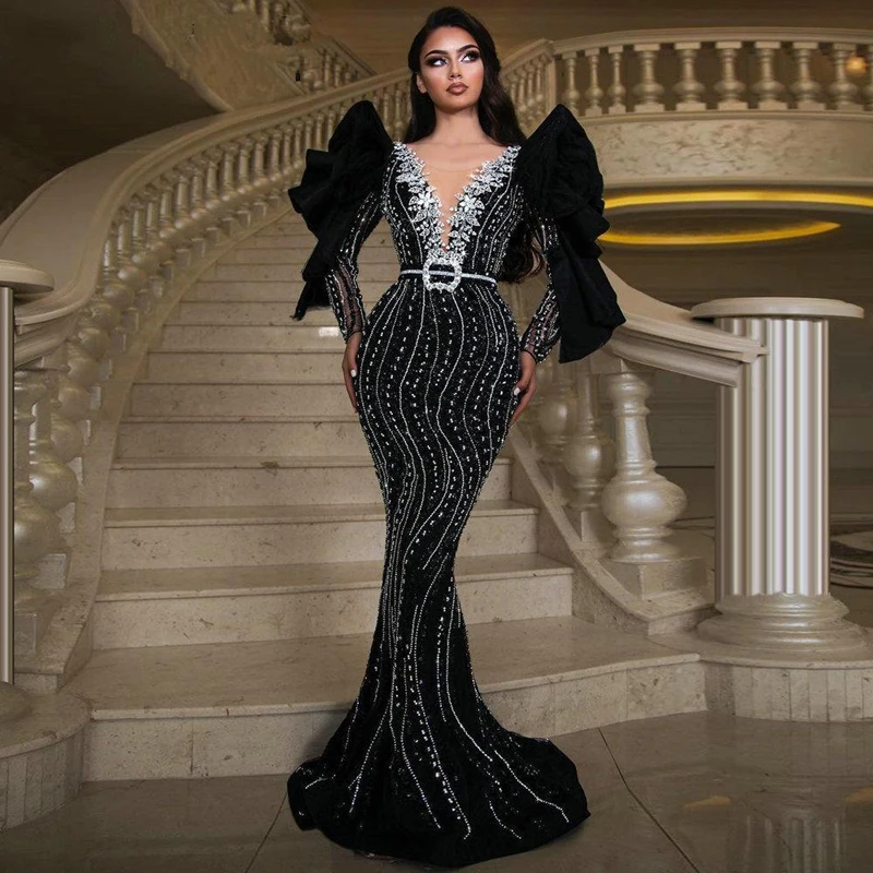 

Dubai Black Long Sleeve Mermaid Evening Dresses Sexy Plunging V Neck Heavy Beaded Saudi Arabia Evening Gowns Formal Dress