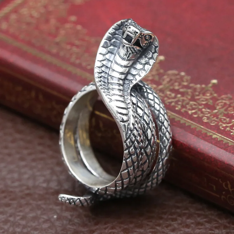 Unibabe Sterling Silver Thai Silver Jewelry Vintage S925 Sterling Silver Realistic Big Cobra Male Open Ring