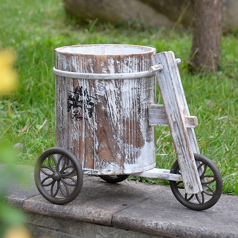 Natural Wooden Trolley Cart With Bucket Shaped Flower Plant Pot European Home Garden Decor Three