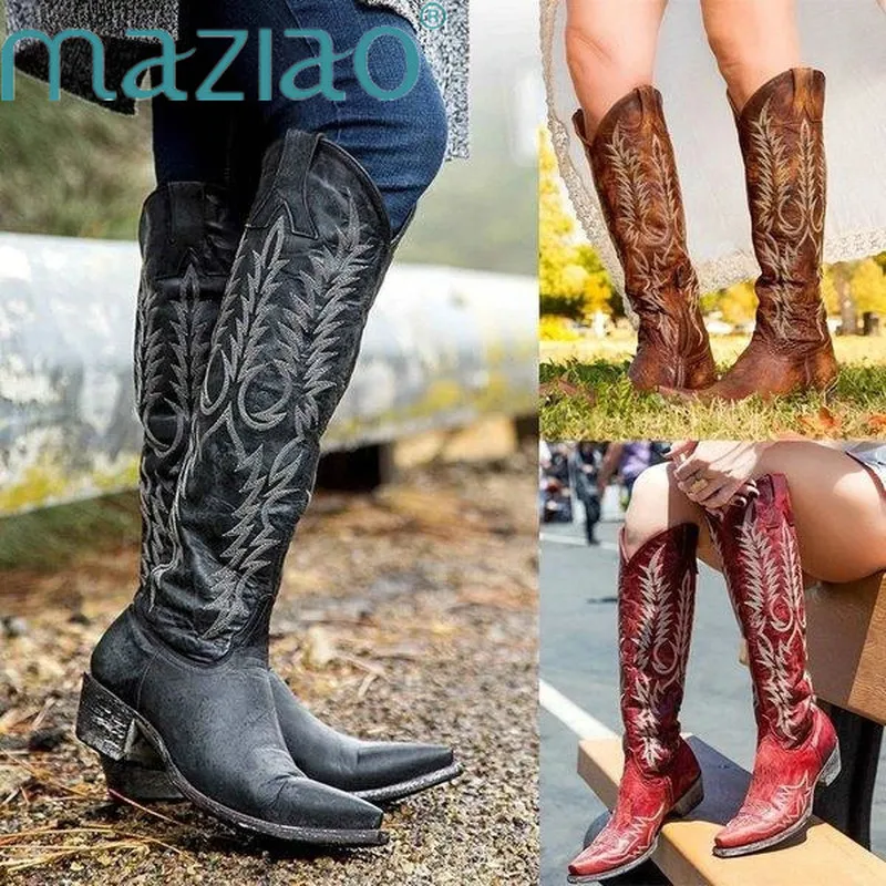 Vintage Women Knee High Boots Leather Riding Boots Medieval Western Cowgirl Boots Autumn Winter Pointed Toe Flat Boots MAZIAO