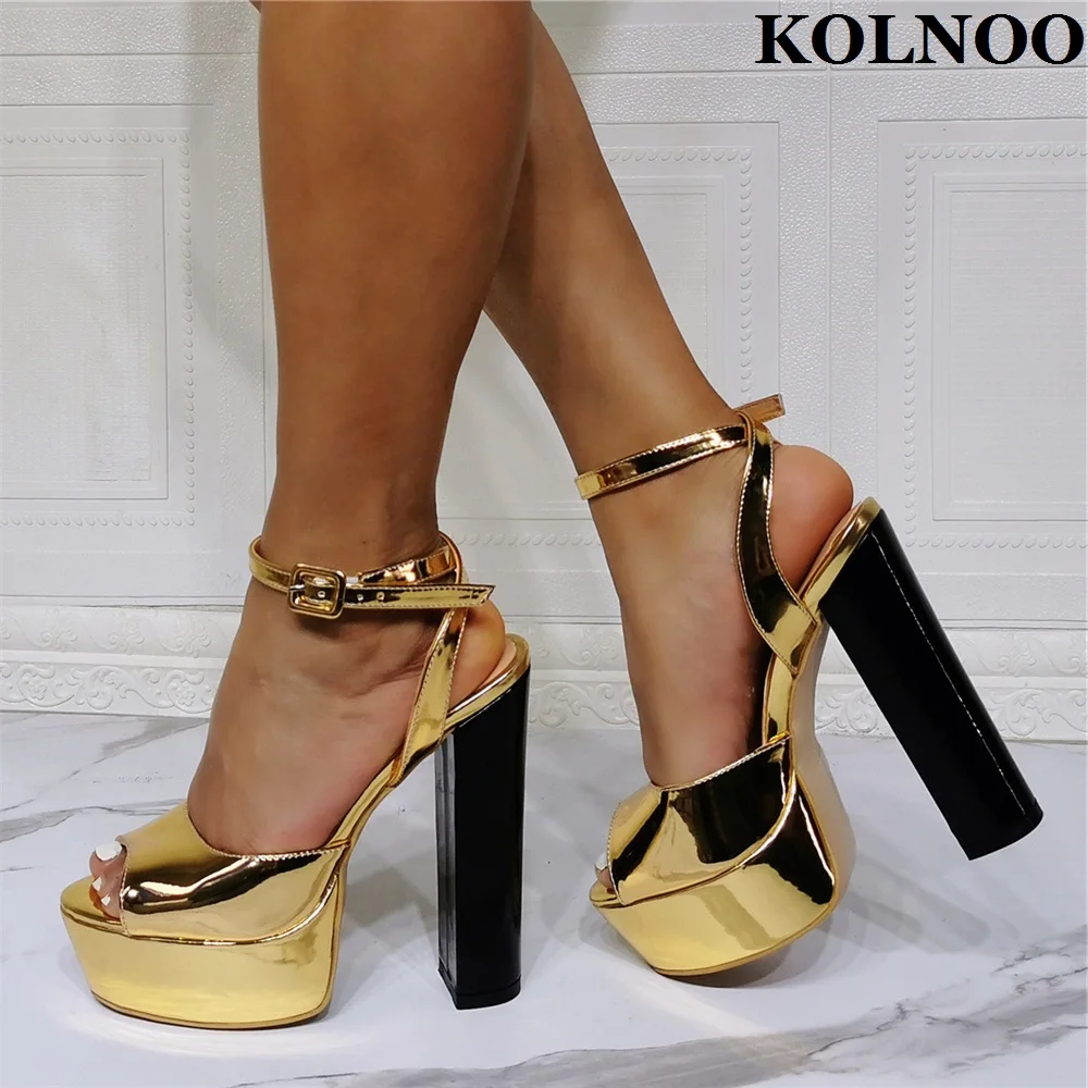 

Kolnoo New Style Handamde Ladies Chunky Heeled Sandals Gold Faux Leather Peep-Toe Party Prom Shoes Evening Fashion Daily Shoes