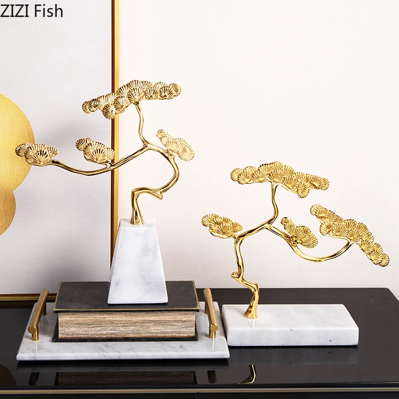 Chinese Style Metal Simulation Tree Golden Pine Marble Base Brass Modern Home Decoration Metal Crafts Furnishings Accessories