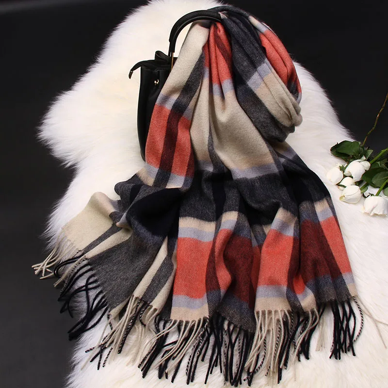 Winter Wool Scarf Women Plaid Bufanda Shawl Wrap Lattice Pashmina 100% Wool Foulard Femme Warm Cashmere Scarves Ladies Echarpe