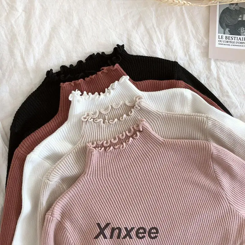 

Turtleneck Ruched Women Sweater High Elastic Solid 2019 Fall Winter Fashion Sweater Women Slim Sexy Knitted Pullovers Xnxee