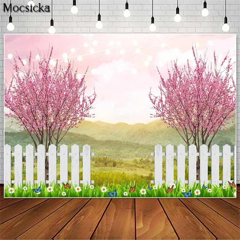 

Mocsick Spring Pink Flowers Photography Backdrops White Fence Butterfly Decor Cake Smash Photo Props Studio Booth Background