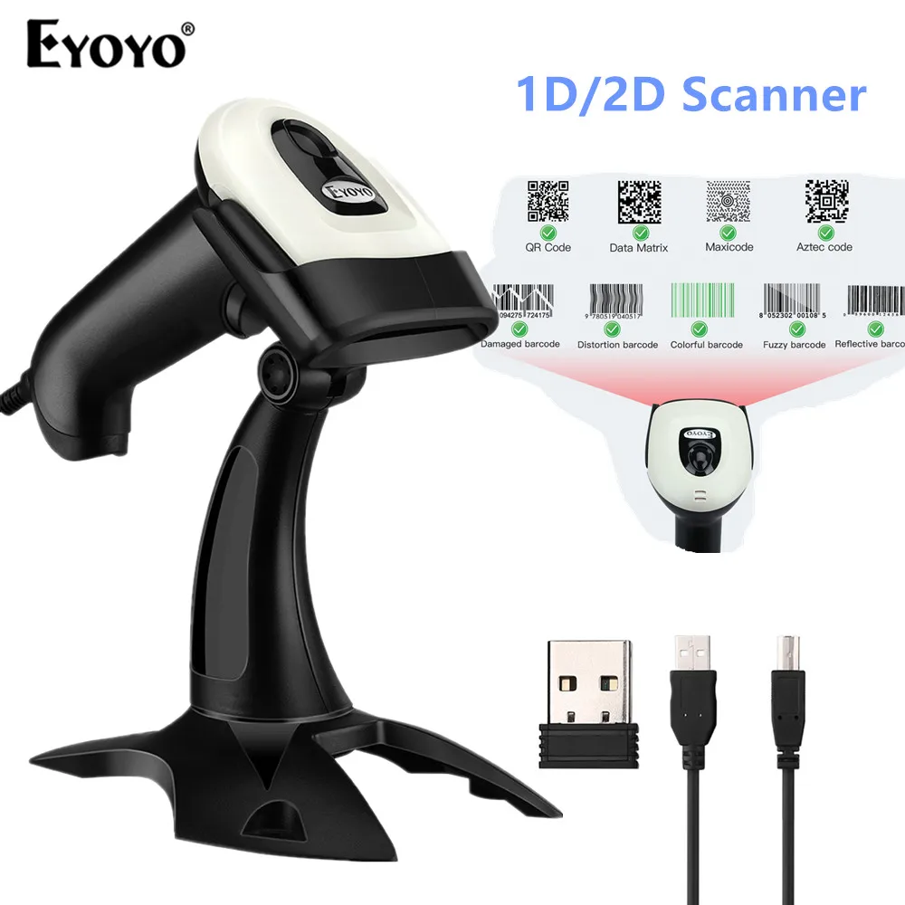 Eyoyo Wireless 2D QR Barcode Scanner With Stand Bluetooth 2.4G Wireless USB Wired Handheld Barcode Reader Scanning Auto Sensing