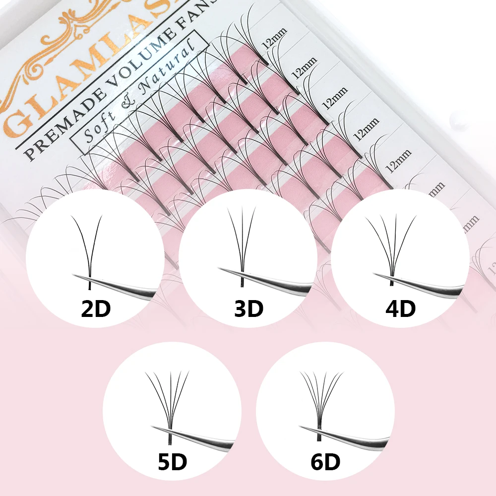 GLAMLASH 2D-6D premade volume fans Long Stem False Lashes Korea Silk Individual Eyelash Extension Handmade Natural Mink