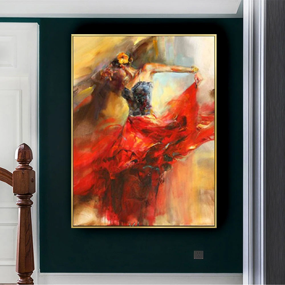 Custom Mural Hand-Painted Oil Painting On Canvas Home Decor Living Room Sofa Wall Art Picture Dance Girl Poster Red Dress Image