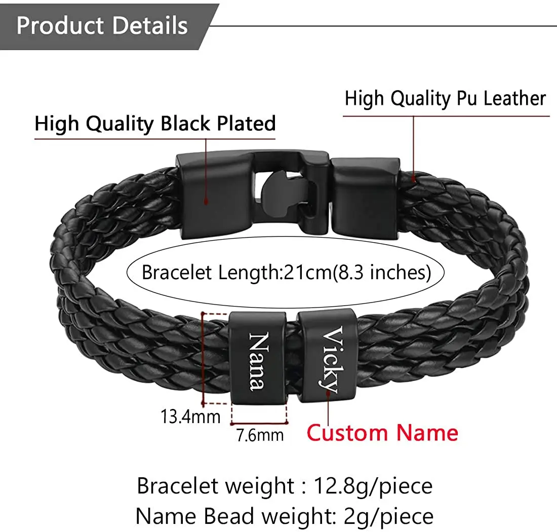 U7 Braided Leather Bracelet with Custom Engrave Bead 3-Layered Black Wax Leather Wristband Bracelet  2-5 Name Beads