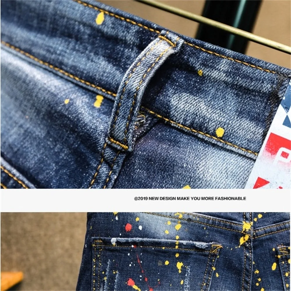 EH·MD® Hole Inkjet Paint Dot Jeans Men's Printed Youth Soft Fabric Casual Loose Cotton Elastic Scratched Trousers Badge Red Ears