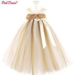 POSH DREAM Ivory Flower Girl Dress Gold Champagne Flower Girl Tutu Dress Birthday Party Clothes for Children Kids