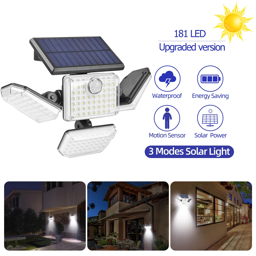 181 LED Solar Wall Light with 2400mAH 18650 Lithium Battery IP65 Waterproof Four-Sided Solar Yard Lights for Garden Porch Street