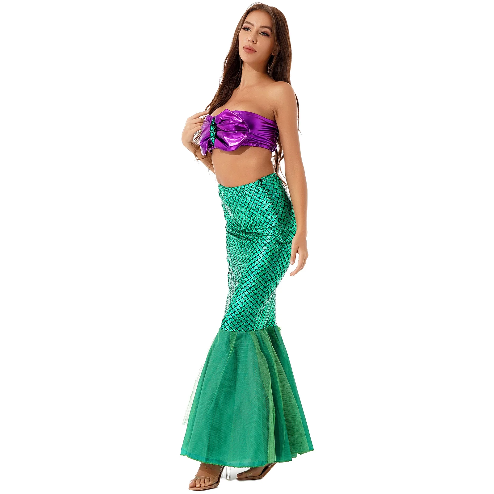 Womens Ladies Mermaid Cosplay For Cosplay Roleplay Strapless Padded Crop Top with Fish Scale Print Skirt for Stage Performance