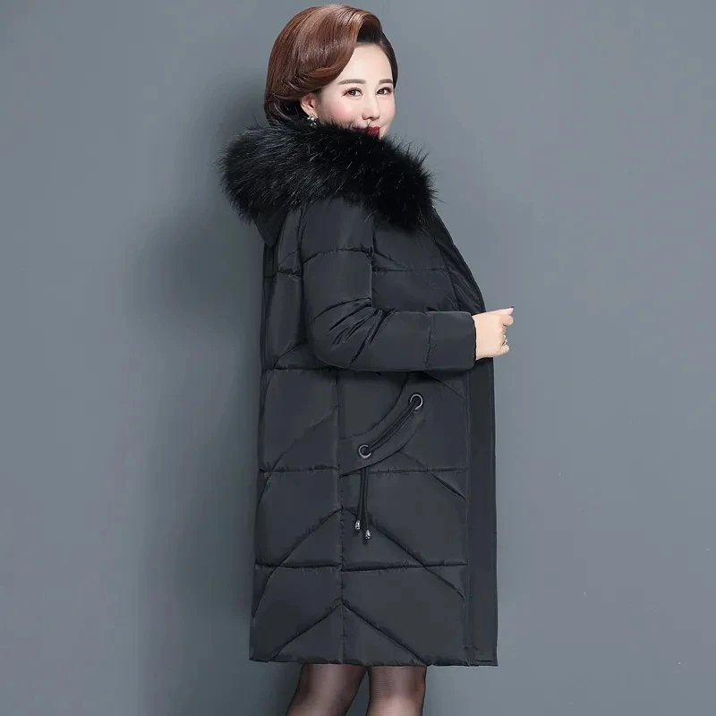 New 2024 Overcoat Parka Middle-Aged Elderly Mothers Cotton Jacket Mid-Length Hooded Big Fur Collar Down Cotton Ladies Jacket