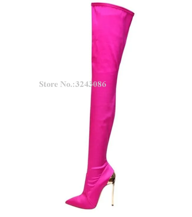 Fashion Rose Red Satin Metal Heel Long Boots Women Sexy Pointed Toe Stiletto Heel Elastic Over the Knee Thigh High Boots Lady