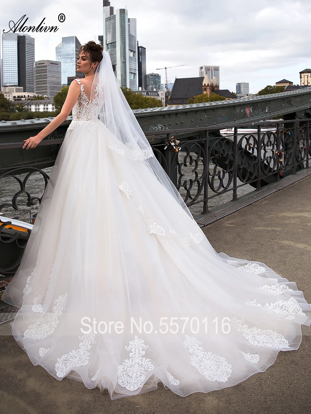 Alonlivn Elegant Tulle O-Neck Sleeveless Floor-Length Appliques Lace A-Line Wedding Dresses Bride Skirts