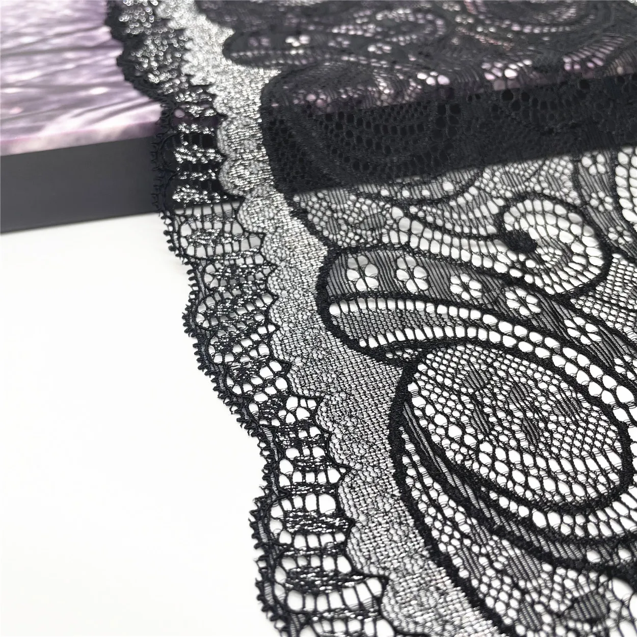3y/lot Width 6 7/8 inch 17.5cm Black Silver Elastic Stretch Lace Trim Wedding Dress Garment Accessory DIY Material Fabric