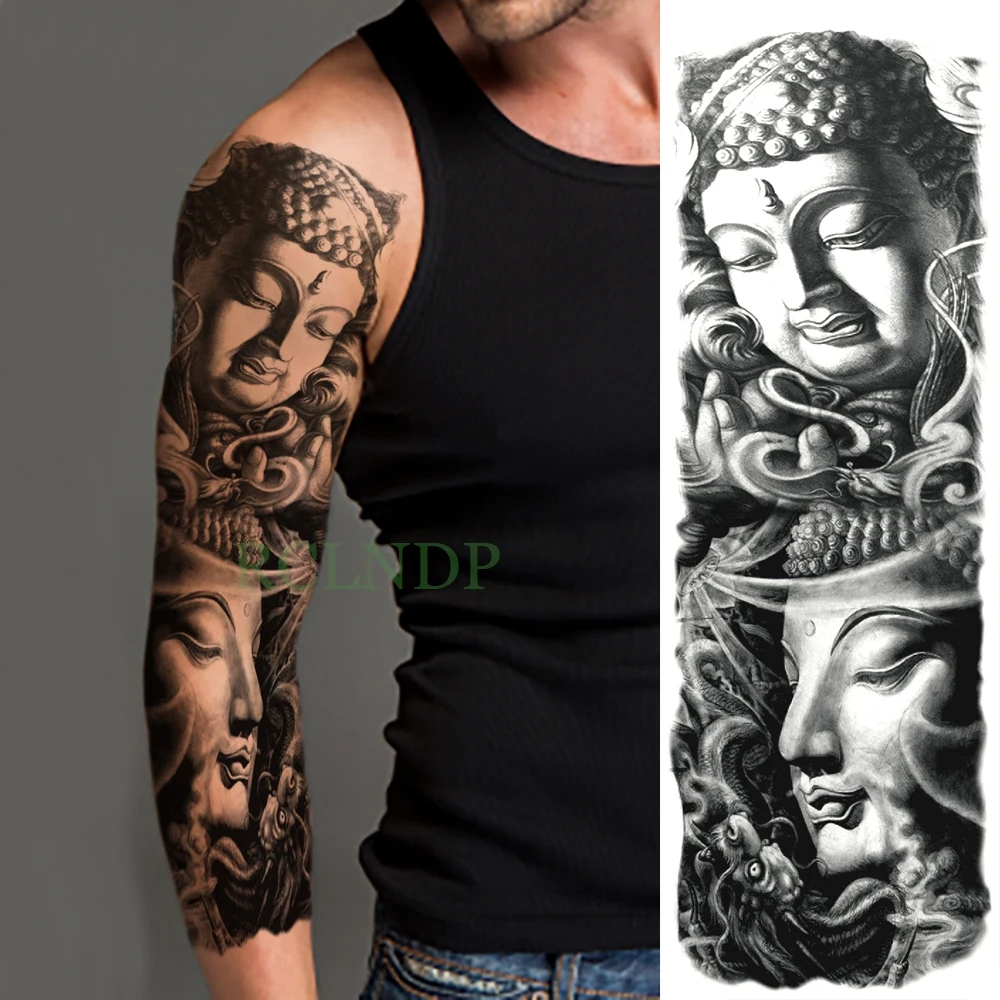 Waterproof Temporary Tattoo Sticker Buddha Chinese style full arm fake tatto big flash tatoo sleeve large size for men women