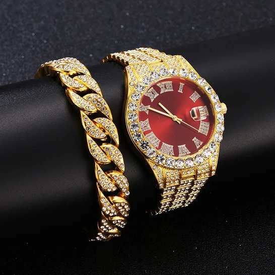 Full Iced Out Watch + Bracelet for Men Women Couple Luxury Red Dial Green Water Ghost Watches Gold Diamond Mens Watch Calendar