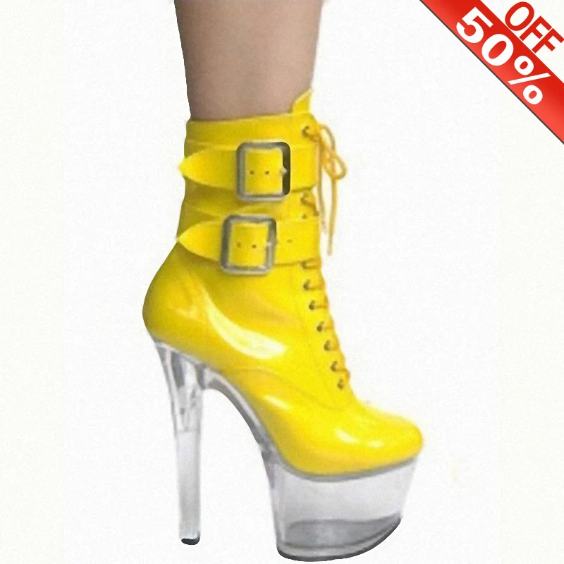 

17CM Transparent Ankle Boots Stiletto 7Inch Buckle Band Women Platform Stripper Heels Yellow Pole Dance Gothic Shoes Fetish Sexy