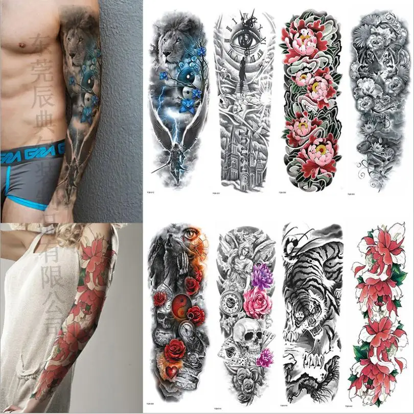 

Large Arm Sleeve Tattoo Sketch Lion Tiger Waterproof Temporary Tatoo Sticker Wild Fierce Animal Men Women Bird Totem Tatto T0283