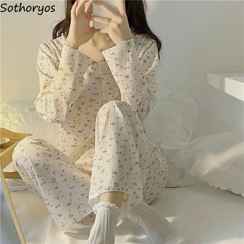 Gentle Pajama Sets Women O-neck Tops Full Length Pants Floral Sweet Teenagers Sleepwear Cozy Loose Breathable Lounge Femme Chic