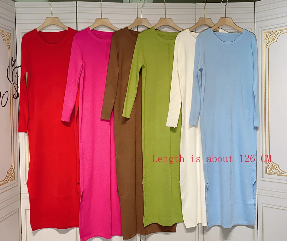 Free Shipping Casual Midi Knit Dress Women\'s O-neck Long Sleeve Split Straight Dresses 2023 New Autumn Pure Color Knit Vestidos