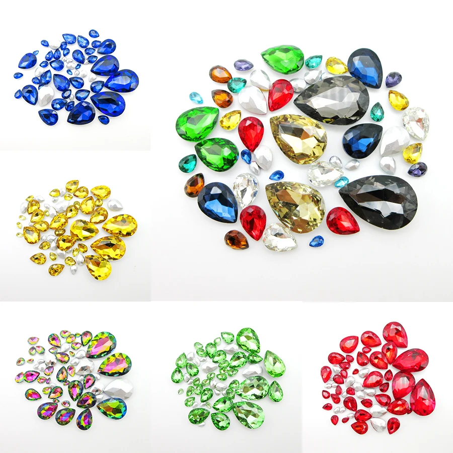 glitter glass crystal water drop shape 7 sizes mix pointback strass glue on rhinestones beads handicraft ornament diy 50pcs/bag